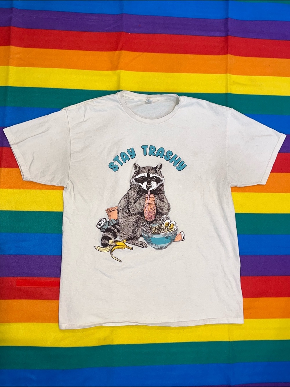 Stay Trashy Raccoon White Graphic Tee - Women’s Size L